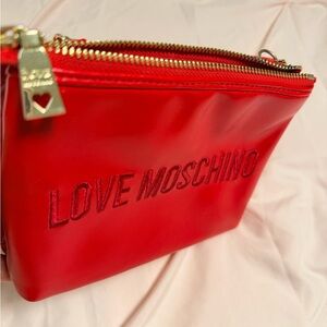 Love Moschino Red Glossy Zip Cosmetic Pouch with Gold Hardware